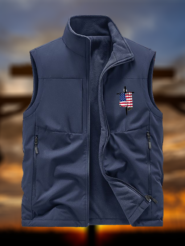 Faith Flag Cross Print Jesus God Christian Reversible Outdoor Fleece-Lined Multi-Pocket Vest