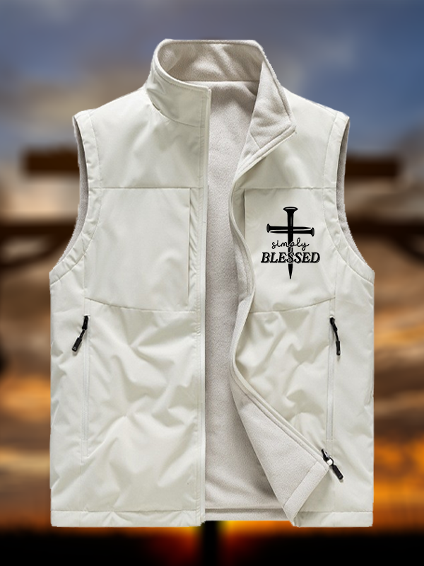 Simply Blessed Jesus God Christian Reversible Outdoor Fleece-Lined Multi-Pocket Vest