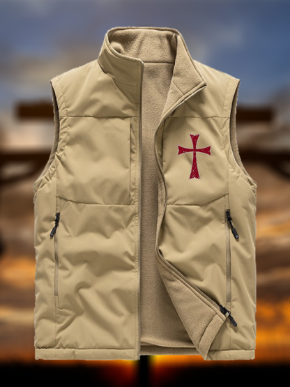 Knights Templar Crusader Cross Jesus God Christian Reversible Outdoor Fleece-Lined Multi-Pocket Vest