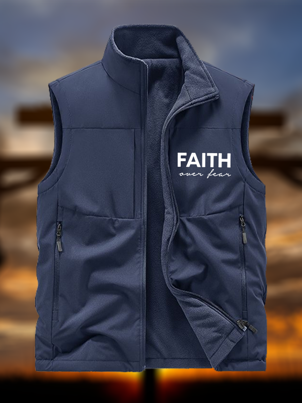 Faith over Fear Jesus God Christian Reversible Outdoor Fleece-Lined Multi-Pocket Vest
