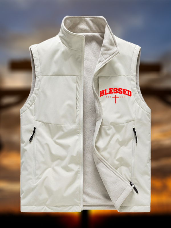 Blessed Cross Jesus God Christian Reversible Outdoor Fleece-Lined Multi-Pocket Vest