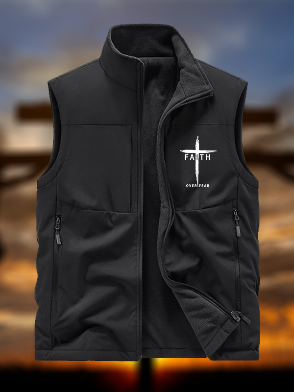 Faith Over Fear Cross Jesus God Christian Reversible Outdoor Fleece-Lined Multi-Pocket Vest