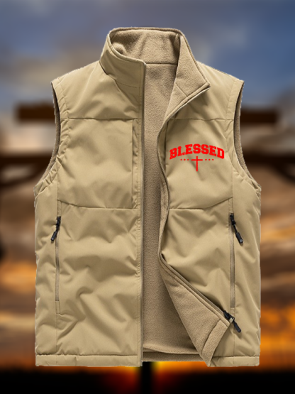 Blessed Cross Jesus God Christian Reversible Outdoor Fleece-Lined Multi-Pocket Vest
