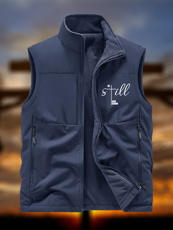 Be Still And Know Cross Jesus God Christian Reversible Outdoor Fleece-Lined Multi-Pocket Vest