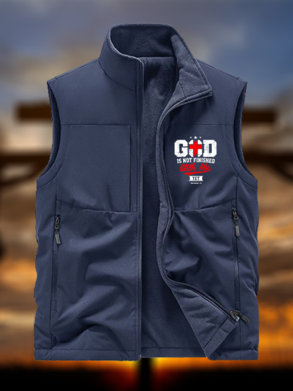 God Is Not Finished With Me Philippians 1:5 Jesus God Christian Reversible Outdoor Fleece-Lined Multi-Pocket Vest