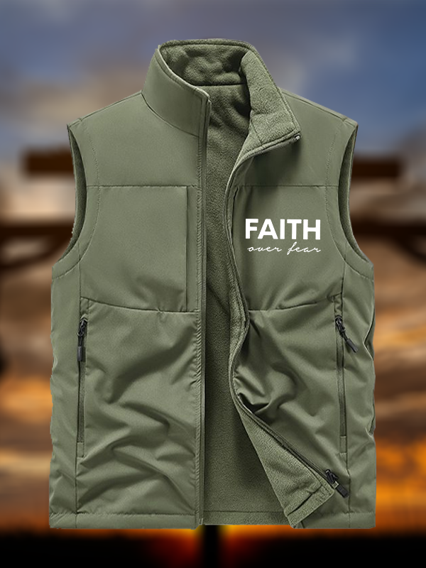 Faith over Fear Jesus God Christian Reversible Outdoor Fleece-Lined Multi-Pocket Vest