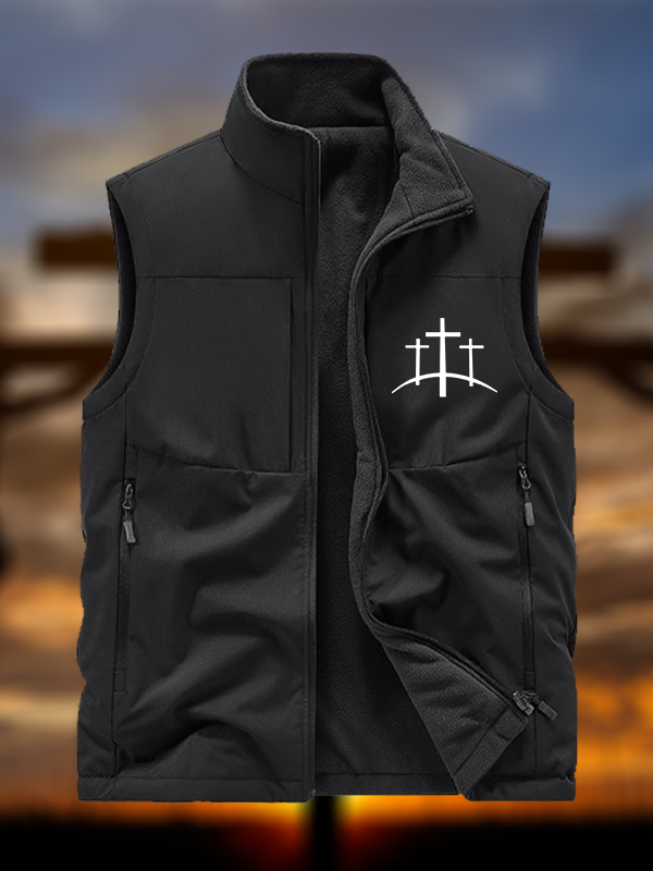 Cross Printed Jesus God Christian Reversible Outdoor Fleece-Lined Multi-Pocket Vest