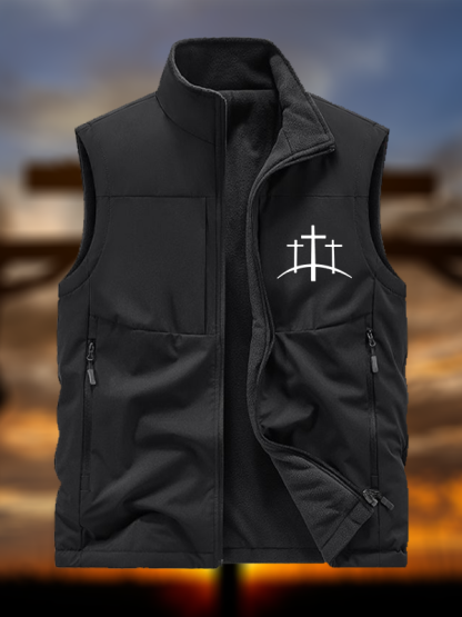 Cross Printed Jesus God Christian Reversible Outdoor Fleece-Lined Multi-Pocket Vest