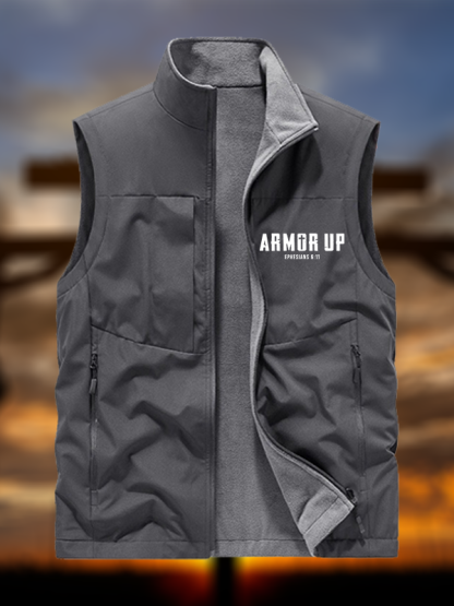 Armor Up Jesus God Christian Reversible Outdoor Fleece-Lined Multi-Pocket Vest