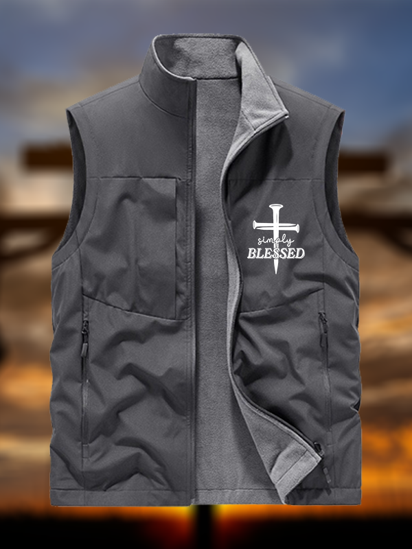 Simply Blessed Jesus God Christian Reversible Outdoor Fleece-Lined Multi-Pocket Vest