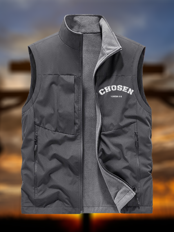Chosen Jesus God Christian Reversible Outdoor Fleece-Lined Multi-Pocket Vest
