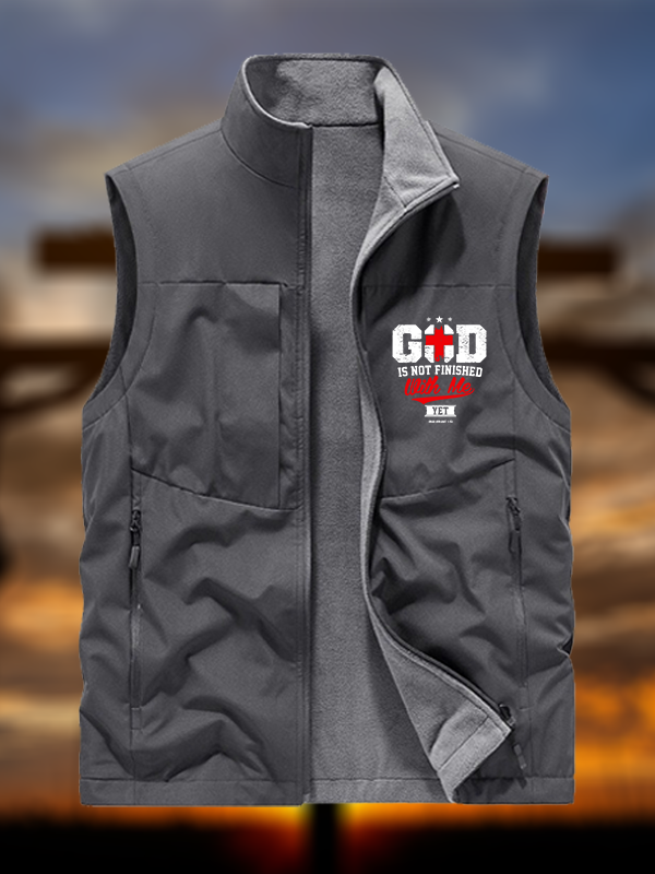 God Is Not Finished With Me Philippians 1:5 Jesus God Christian Reversible Outdoor Fleece-Lined Multi-Pocket Vest