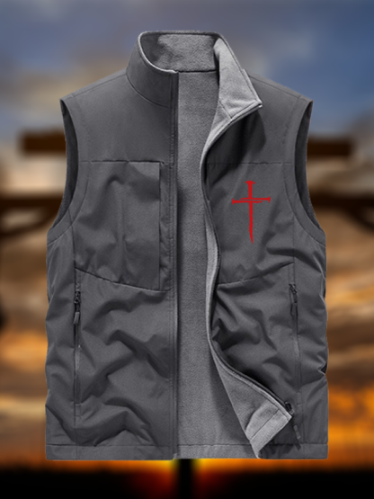 Red Cross  Jesus God Christian Reversible Outdoor Fleece-Lined Multi-Pocket Vest