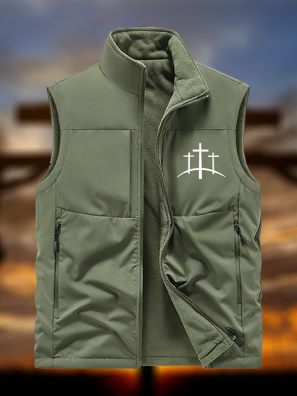Cross Printed Jesus God Christian Reversible Outdoor Fleece-Lined Multi-Pocket Vest