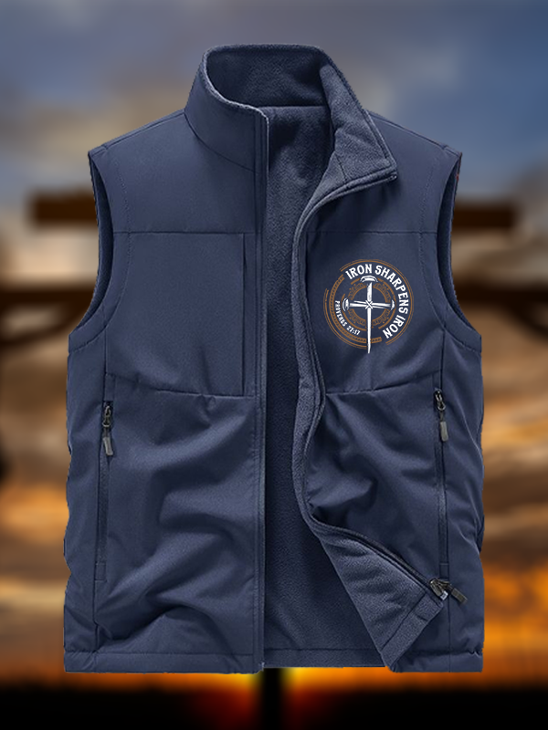 Iron Sharpens Iron - Proverbs 27:17 Jesus God Christian Reversible Outdoor Fleece-Lined Multi-Pocket Vest