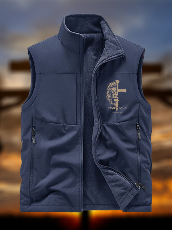Man of Faith Jesus God Christian Reversible Outdoor Fleece-Lined Multi-Pocket Vest