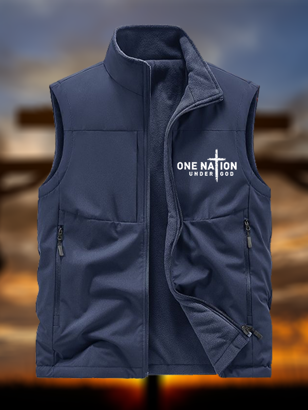 One Nation Under God Cross Jesus God Christian Reversible Outdoor Fleece-Lined Multi-Pocket Vest