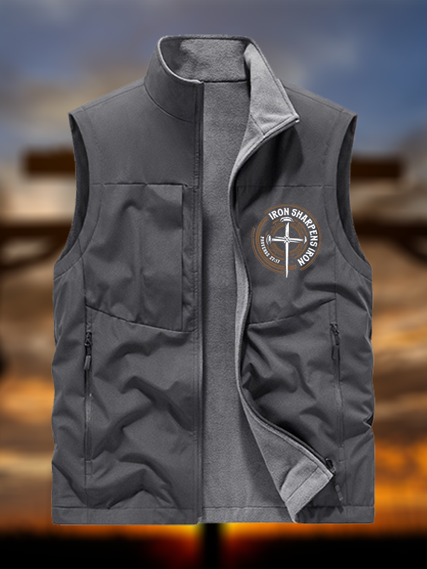 Iron Sharpens Iron - Proverbs 27:17 Jesus God Christian Reversible Outdoor Fleece-Lined Multi-Pocket Vest
