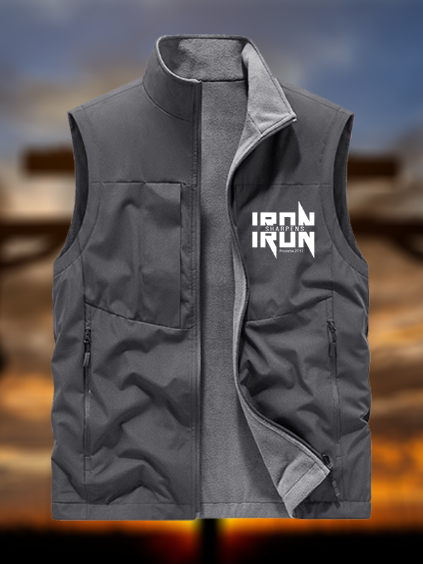 IRON SHARPENS IRON Proverbs 27:17 Jesus God Christian Reversible Outdoor Fleece-Lined Multi-Pocket Vest
