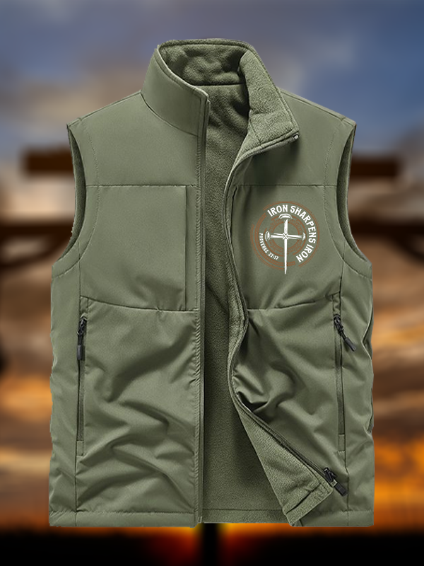 Iron Sharpens Iron - Proverbs 27:17 Jesus God Christian Reversible Outdoor Fleece-Lined Multi-Pocket Vest