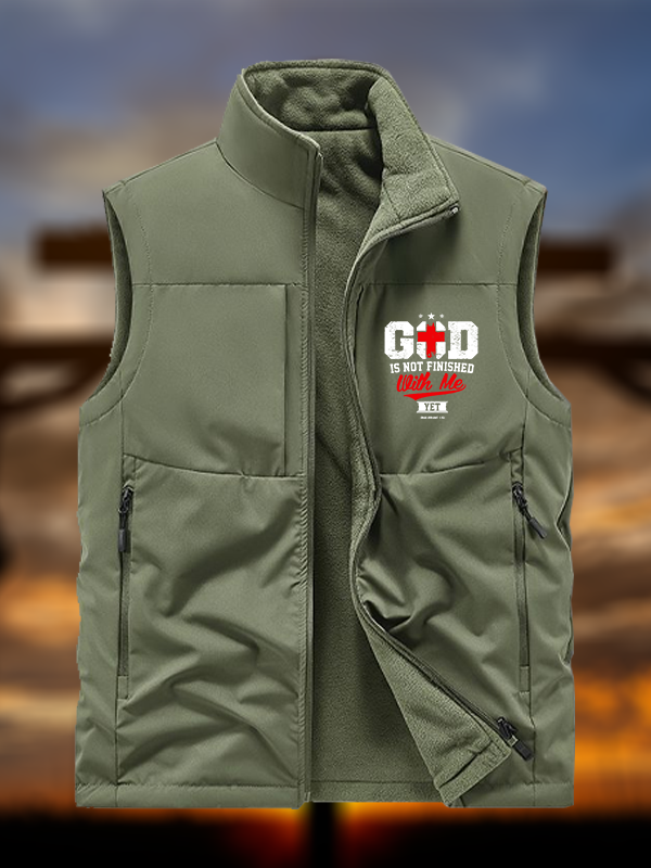 God Is Not Finished With Me Philippians 1:5 Jesus God Christian Reversible Outdoor Fleece-Lined Multi-Pocket Vest