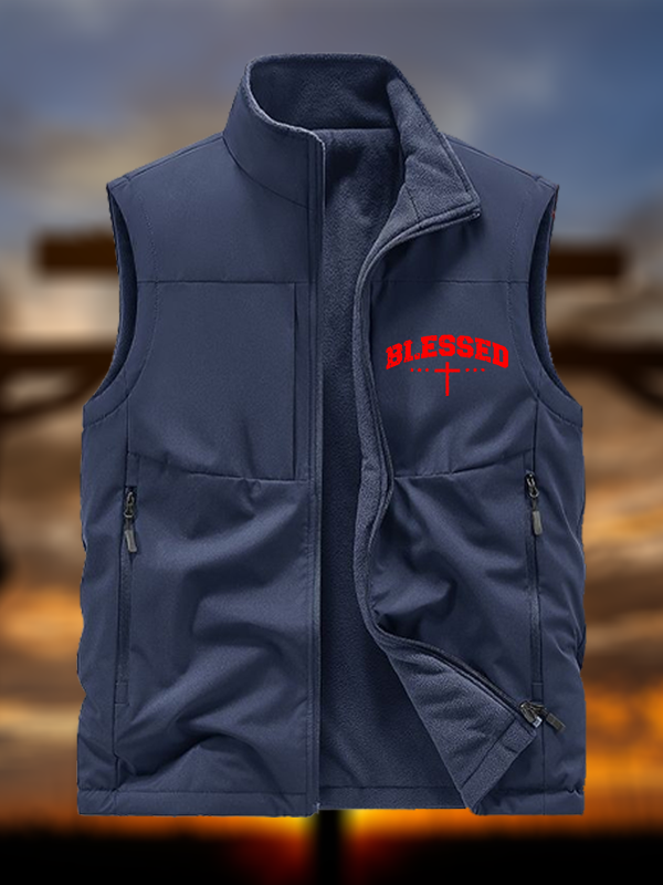 Blessed Cross Jesus God Christian Reversible Outdoor Fleece-Lined Multi-Pocket Vest