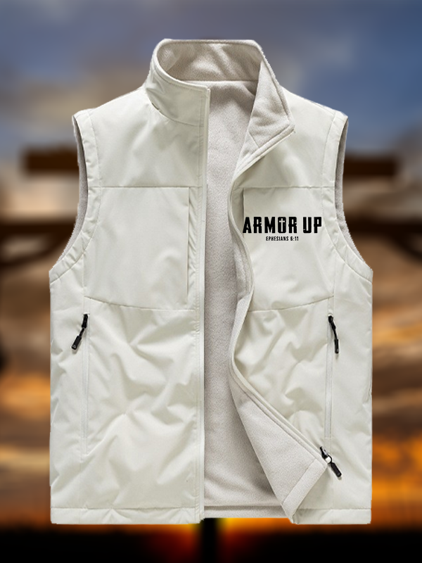 Armor Up Jesus God Christian Reversible Outdoor Fleece-Lined Multi-Pocket Vest