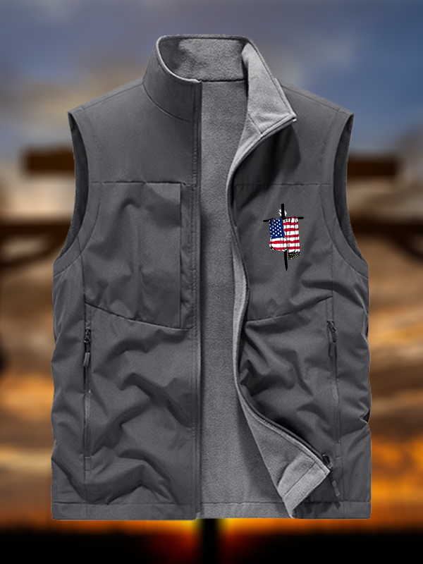 Faith Flag Cross Print Jesus God Christian Reversible Outdoor Fleece-Lined Multi-Pocket Vest