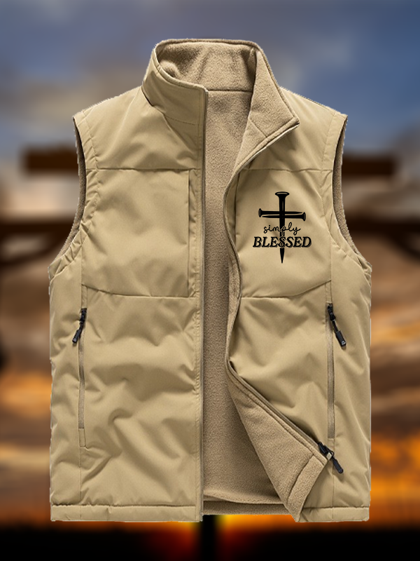 Simply Blessed Jesus God Christian Reversible Outdoor Fleece-Lined Multi-Pocket Vest