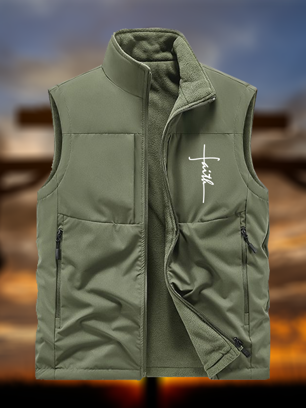 Faith Jesus God Christian Reversible Outdoor Fleece-Lined Multi-Pocket Vest