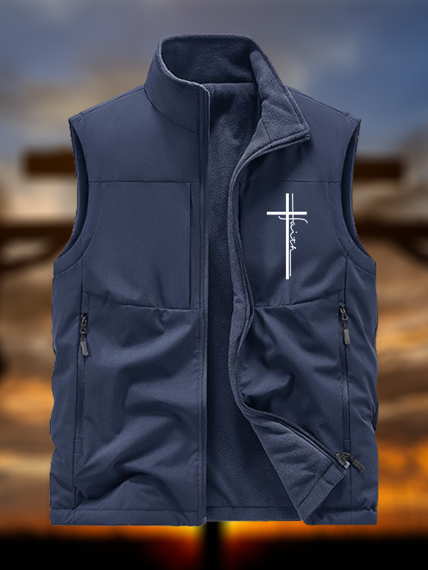 Faith Cross Jesus God Christian Reversible Outdoor Fleece-Lined Multi-Pocket Vest