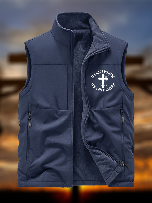 It's Not A Religion It's A Relationship Jesus God Christian Reversible Outdoor Fleece-Lined Multi-Pocket Vest