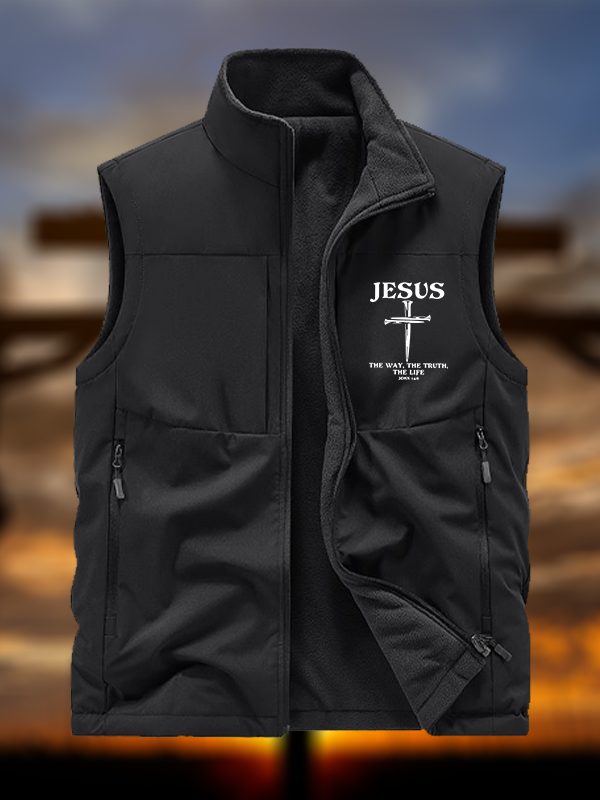 Jesus The Way The Truth The Life Jesus God Christian Reversible Outdoor Fleece-Lined Multi-Pocket Vest