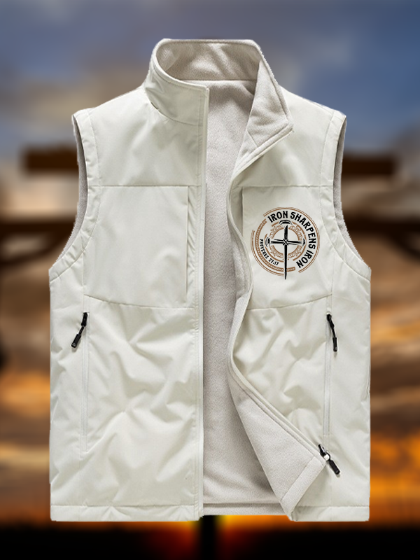Iron Sharpens Iron - Proverbs 27:17 Jesus God Christian Reversible Outdoor Fleece-Lined Multi-Pocket Vest