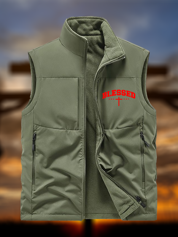 Blessed Cross Jesus God Christian Reversible Outdoor Fleece-Lined Multi-Pocket Vest