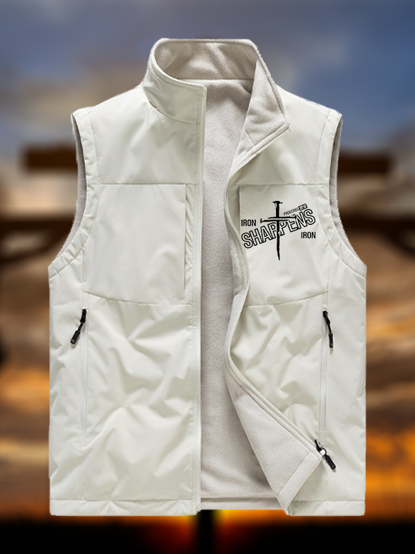 Iron Sharpens Jesus God Christian Reversible Outdoor Fleece-Lined Multi-Pocket Vest