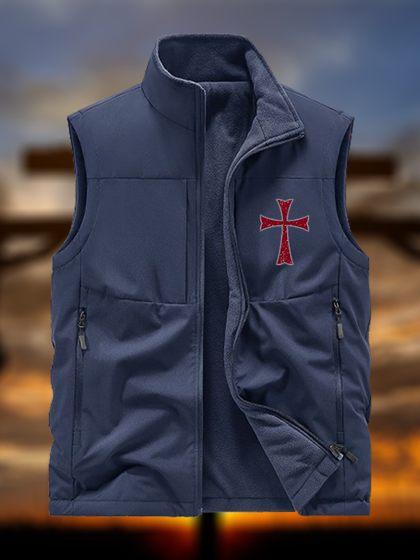 Knights Templar Crusader Cross Jesus God Christian Reversible Outdoor Fleece-Lined Multi-Pocket Vest