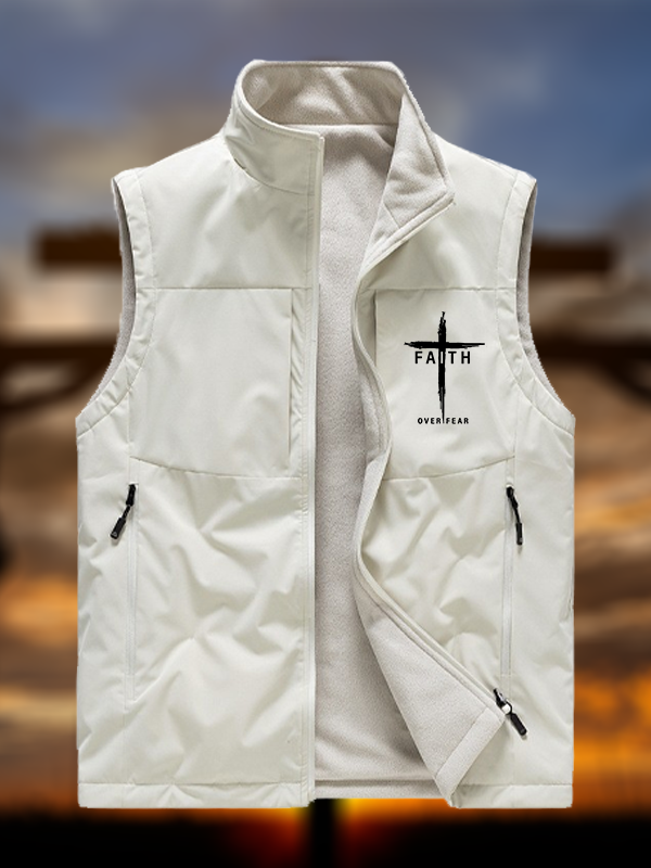Faith Over Fear Cross Jesus God Christian Reversible Outdoor Fleece-Lined Multi-Pocket Vest