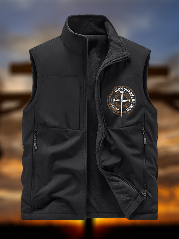 Iron Sharpens Iron - Proverbs 27:17 Jesus God Christian Reversible Outdoor Fleece-Lined Multi-Pocket Vest