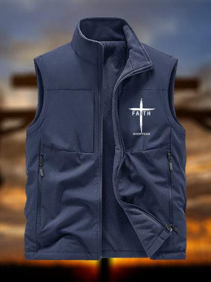 Faith Over Fear Cross Jesus God Christian Reversible Outdoor Fleece-Lined Multi-Pocket Vest