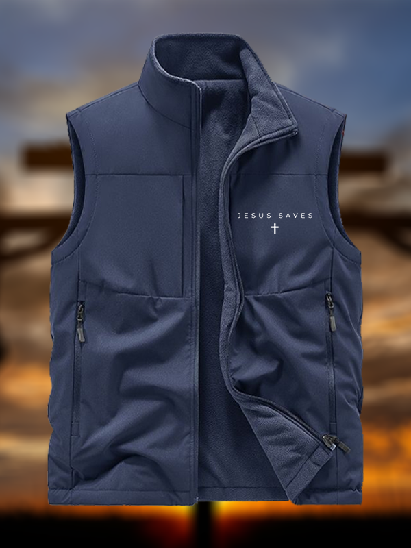 Jesus Saves Jesus God Christian Reversible Outdoor Fleece-Lined Multi-Pocket Vest