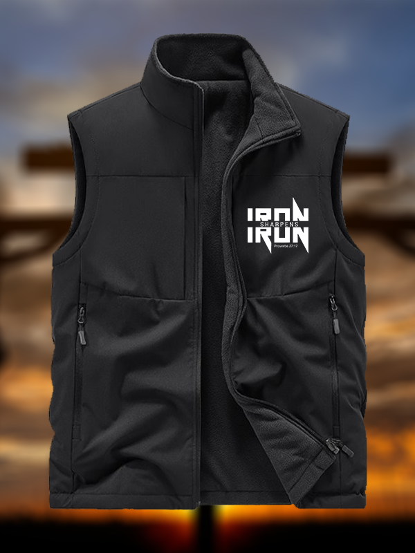 IRON SHARPENS IRON Proverbs 27:17 Jesus God Christian Reversible Outdoor Fleece-Lined Multi-Pocket Vest