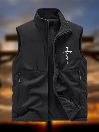 Cross Jesus God Christian Reversible Outdoor Fleece-Lined Multi-Pocket Vest