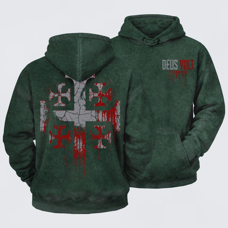 Washed Hoodie -  Deus Vult Knight Templar American Flag Crusader-soulsbelief