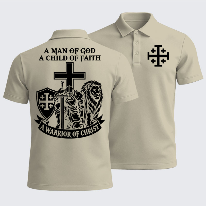 Men’s Premium Cotton Polo Shirt - A Man of God – Christian Warrior Knight & Lion