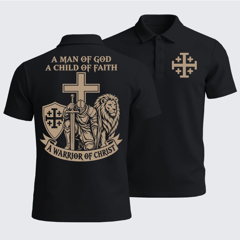 Men’s Premium Cotton Polo Shirt - A Man of God – Christian Warrior Knight & Lion