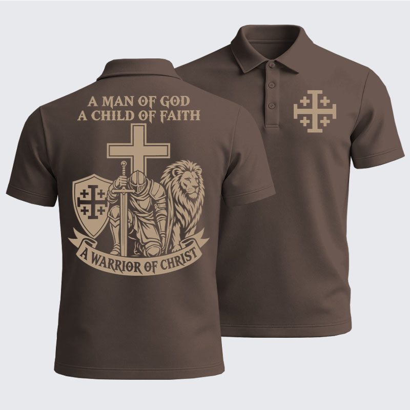 Men’s Premium Cotton Polo Shirt - A Man of God – Christian Warrior Knight & Lion