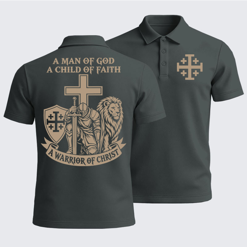 Men’s Premium Cotton Polo Shirt - A Man of God – Christian Warrior Knight & Lion
