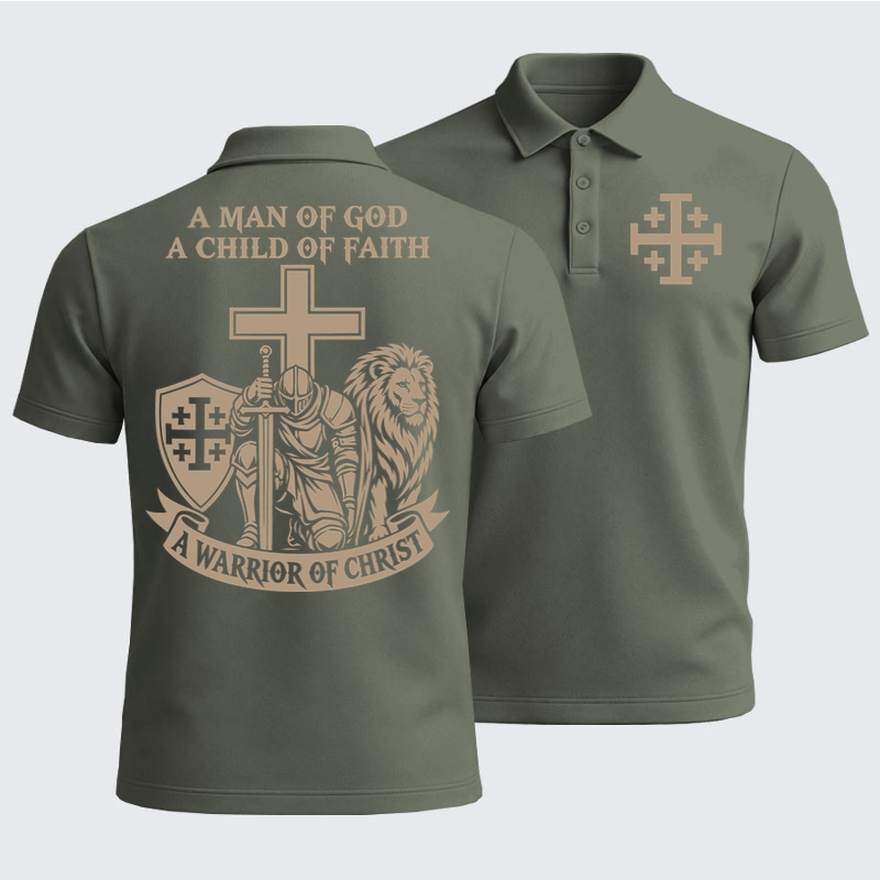 Men’s Premium Cotton Polo Shirt - A Man of God – Christian Warrior Knight & Lion