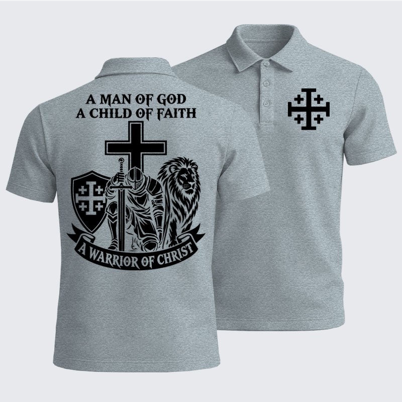 Men’s Premium Cotton Polo Shirt - A Man of God – Christian Warrior Knight & Lion